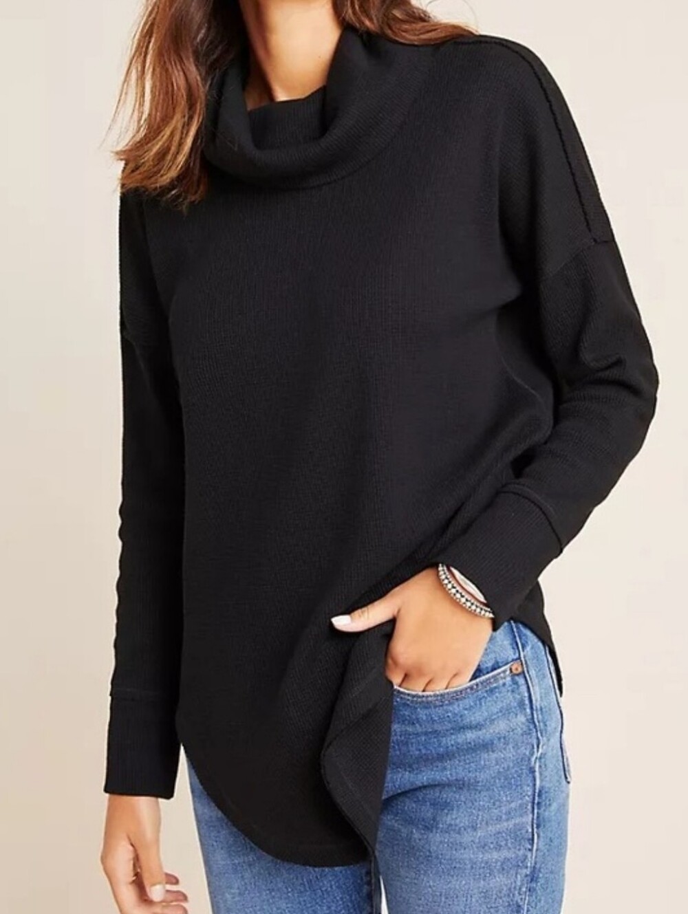 ANTHROPOLOGIE MAEVE WAFFLE COWL NECK BLACK SIZE M